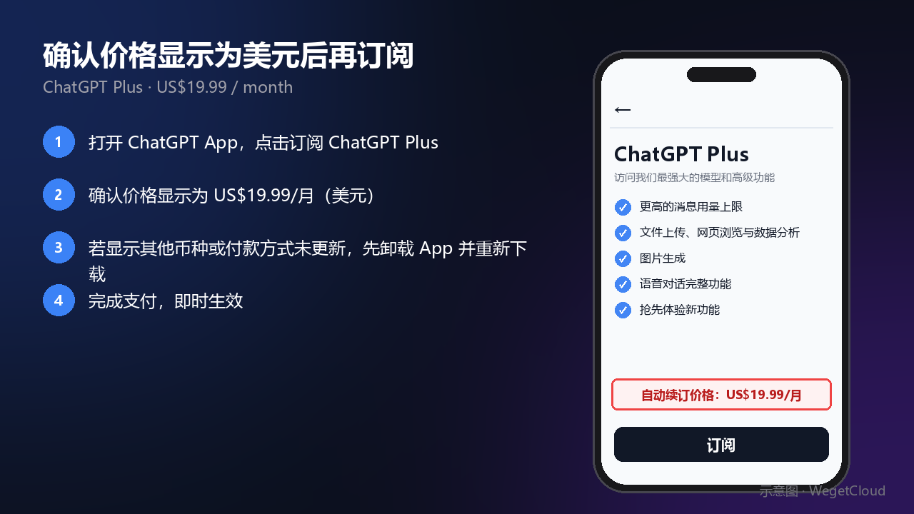 ChatGPT Plus 订阅页显示美元价格示意图